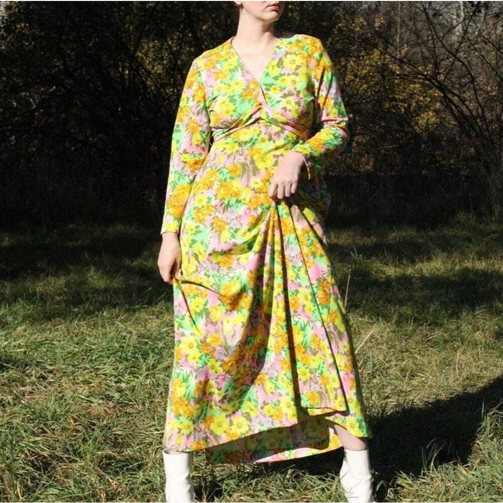 Vintage 70s Floral Maxi Dress | Psychedelic Neon Print Poly Knit | Disco Boho |M